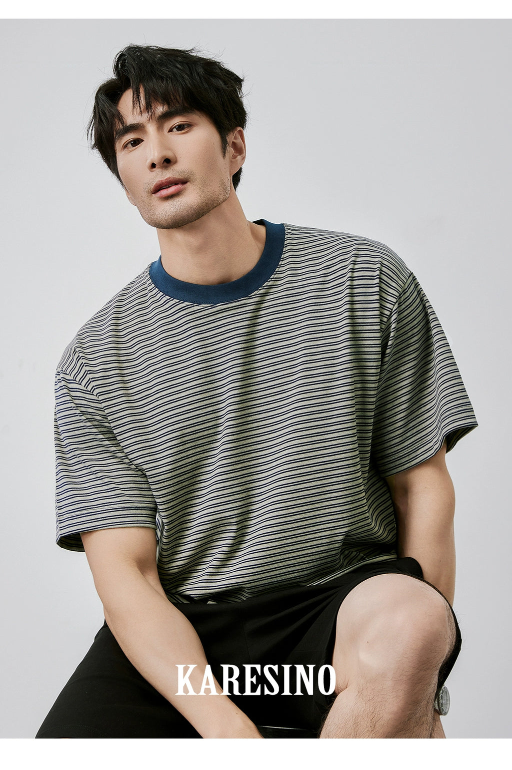 KARESINO Contrasting Striped Casual Round Neck Tee