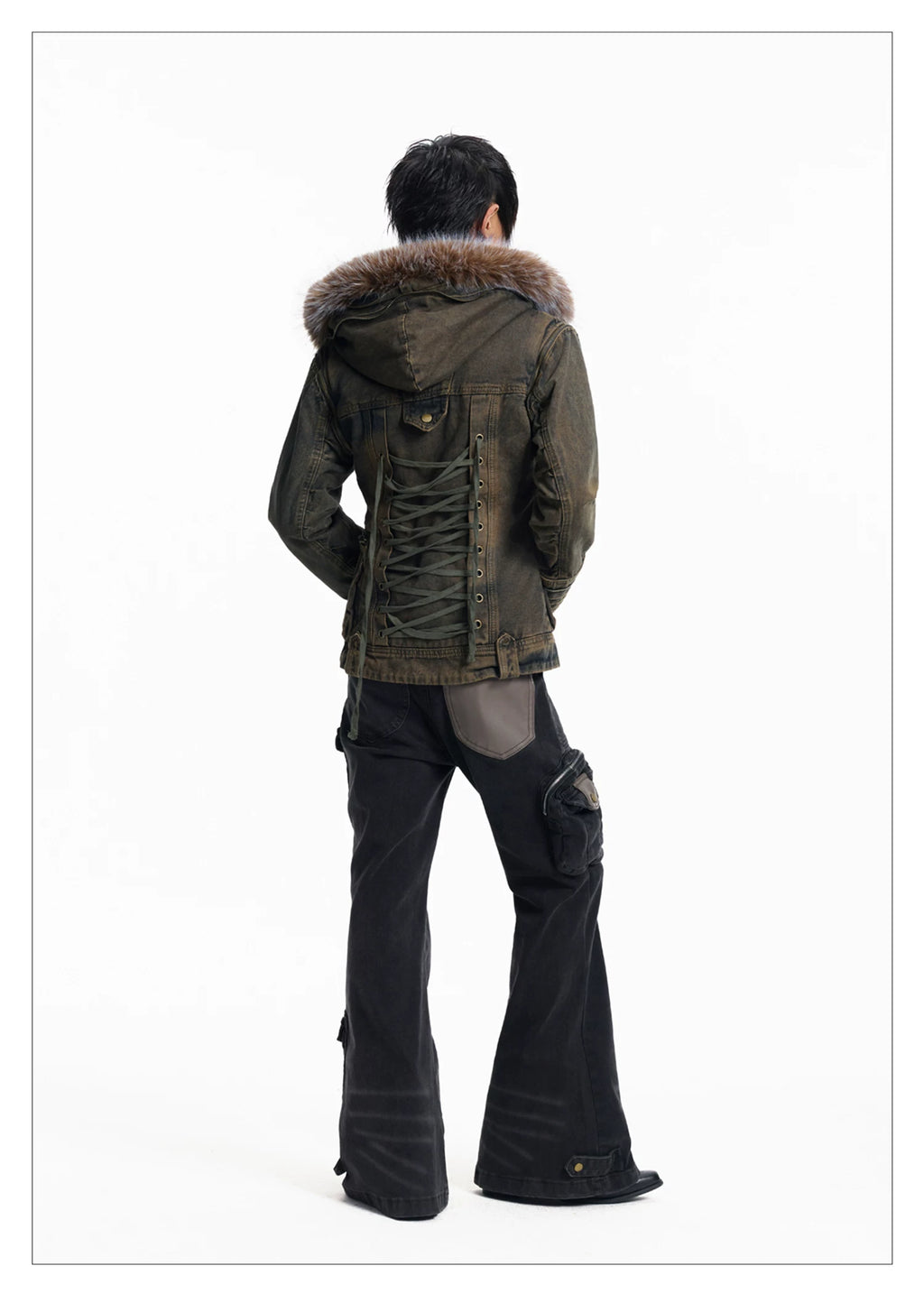 Lightinus Removable Sleeve Fur Collar Two Wear Strap Waist Denim Jacket