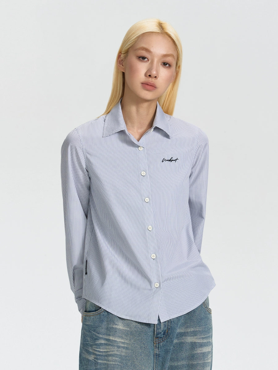 NICEBAD Striped-embroidered Slim-fit Short Shirt