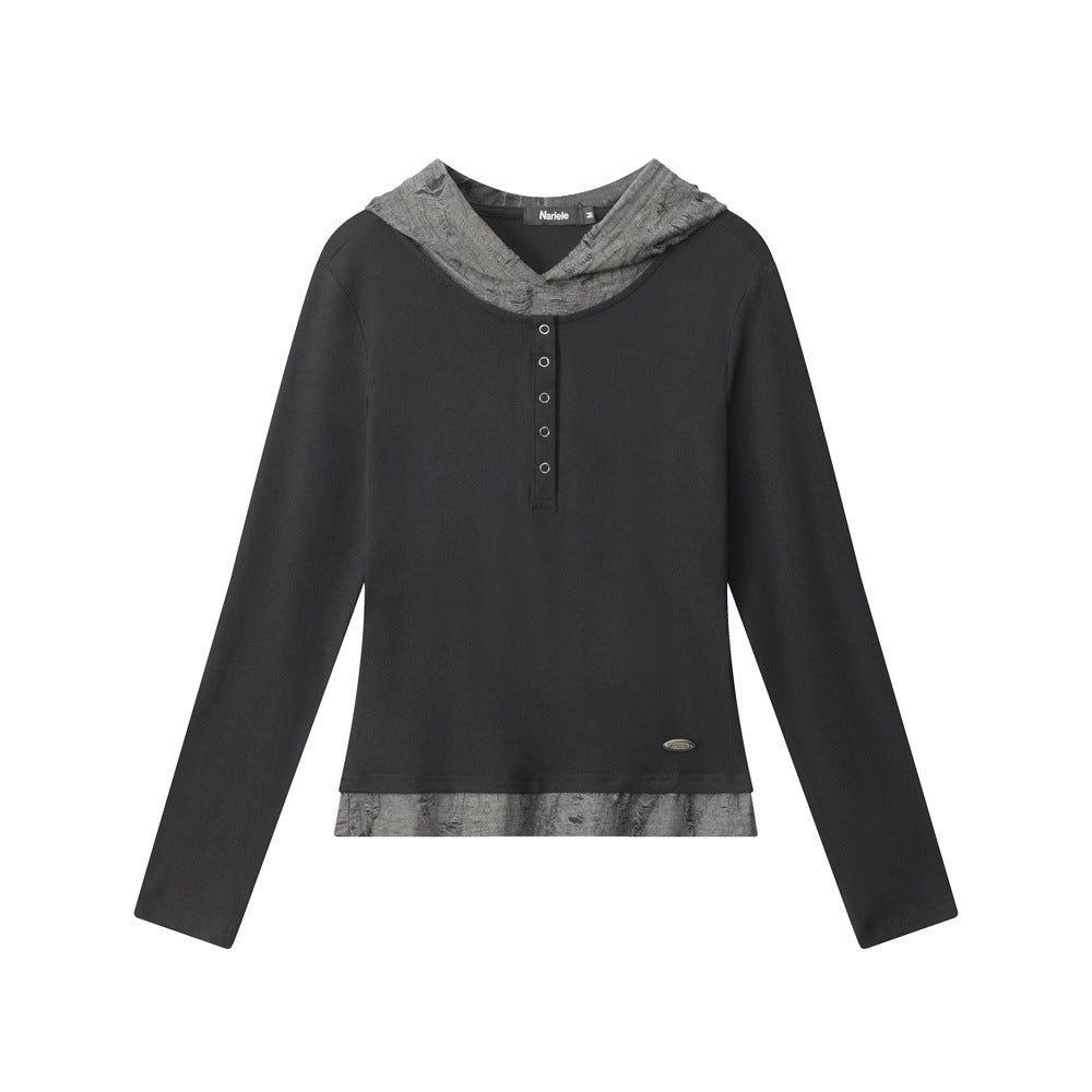 Nariele Fake Two-Piece Hooded Ripped Slim Long Sleeve