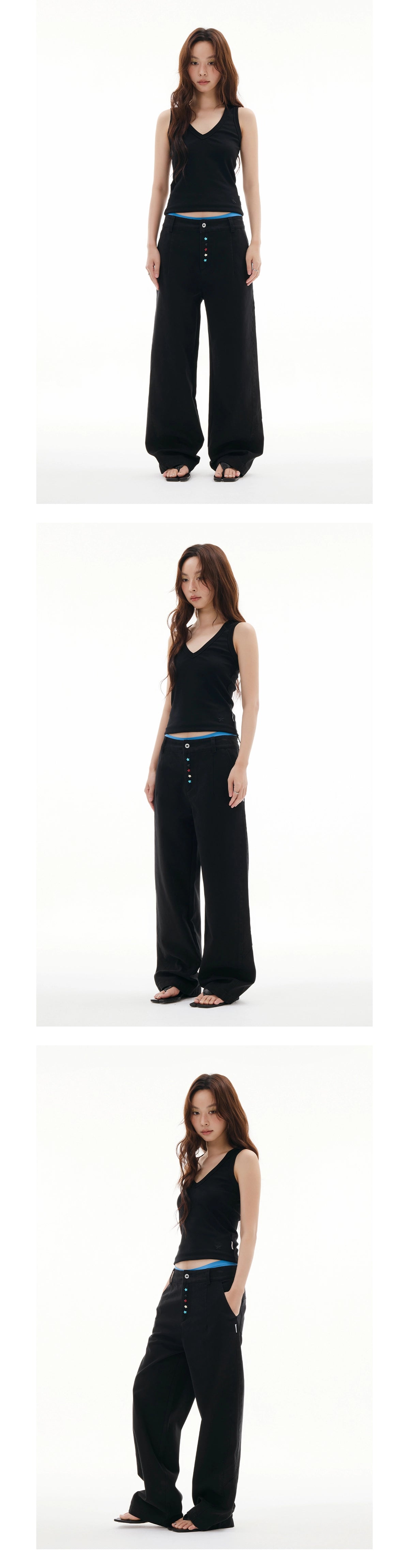 FUNKYFUN Hand-sewn Colorful Starfish Button-up Straight Casual Pants