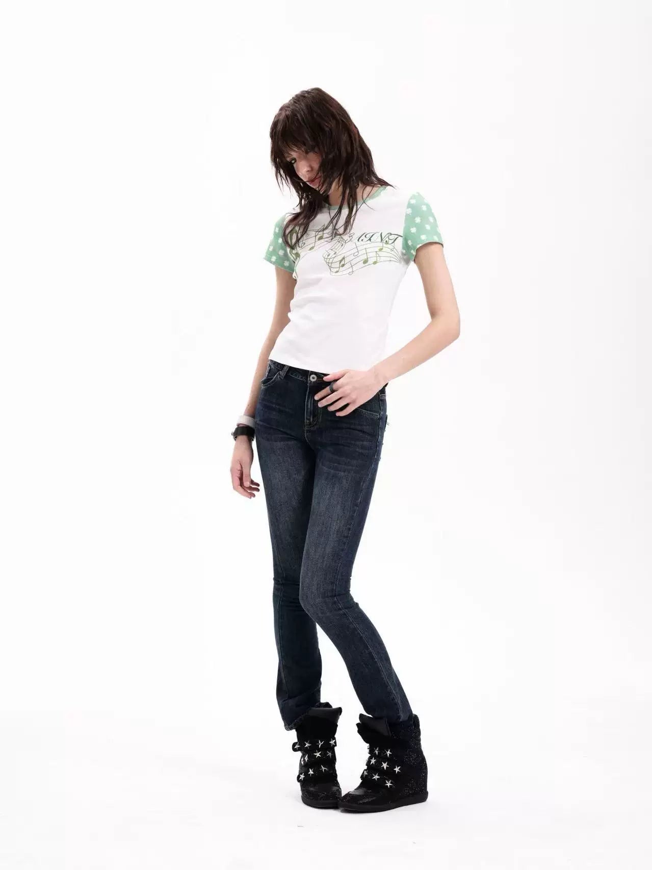 DETW Contrasting Color Front Shoulder Waist Thin Tee