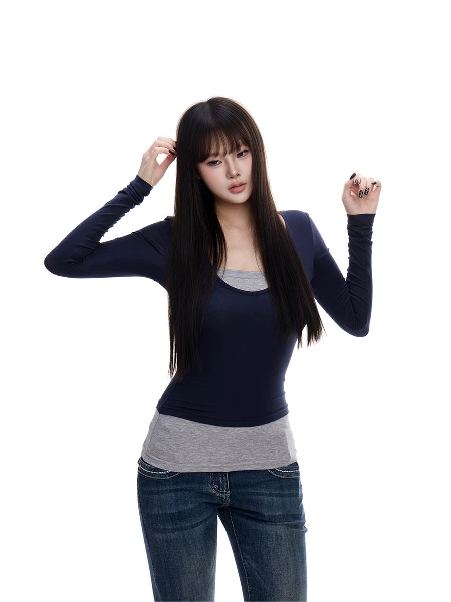 WITHMIN Fake Two-piece Contrasting Color Slim-fitting Front Shoulder Long Sleeves