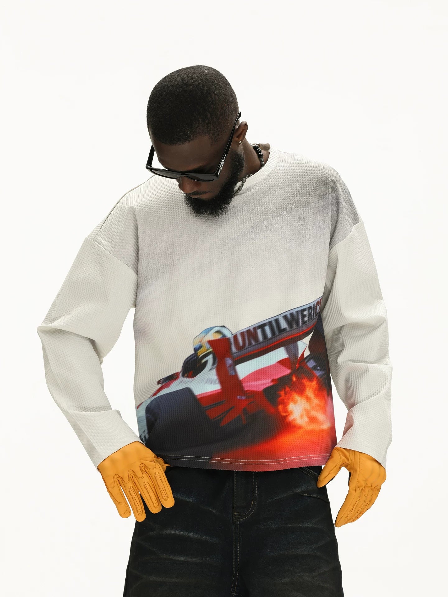 UNTILWERICH Waffle Crew Neck Racing Print Loose Sweater