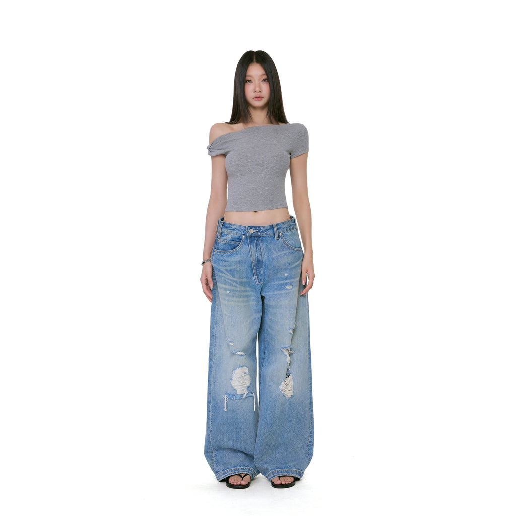 WITHMIN Low-rise Versatile Ripped Straight Wide-leg Pants