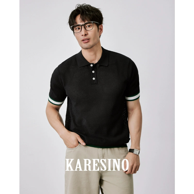 KARESINO Breathable Hollow Mesh Contrast Knitted Polo Shirt