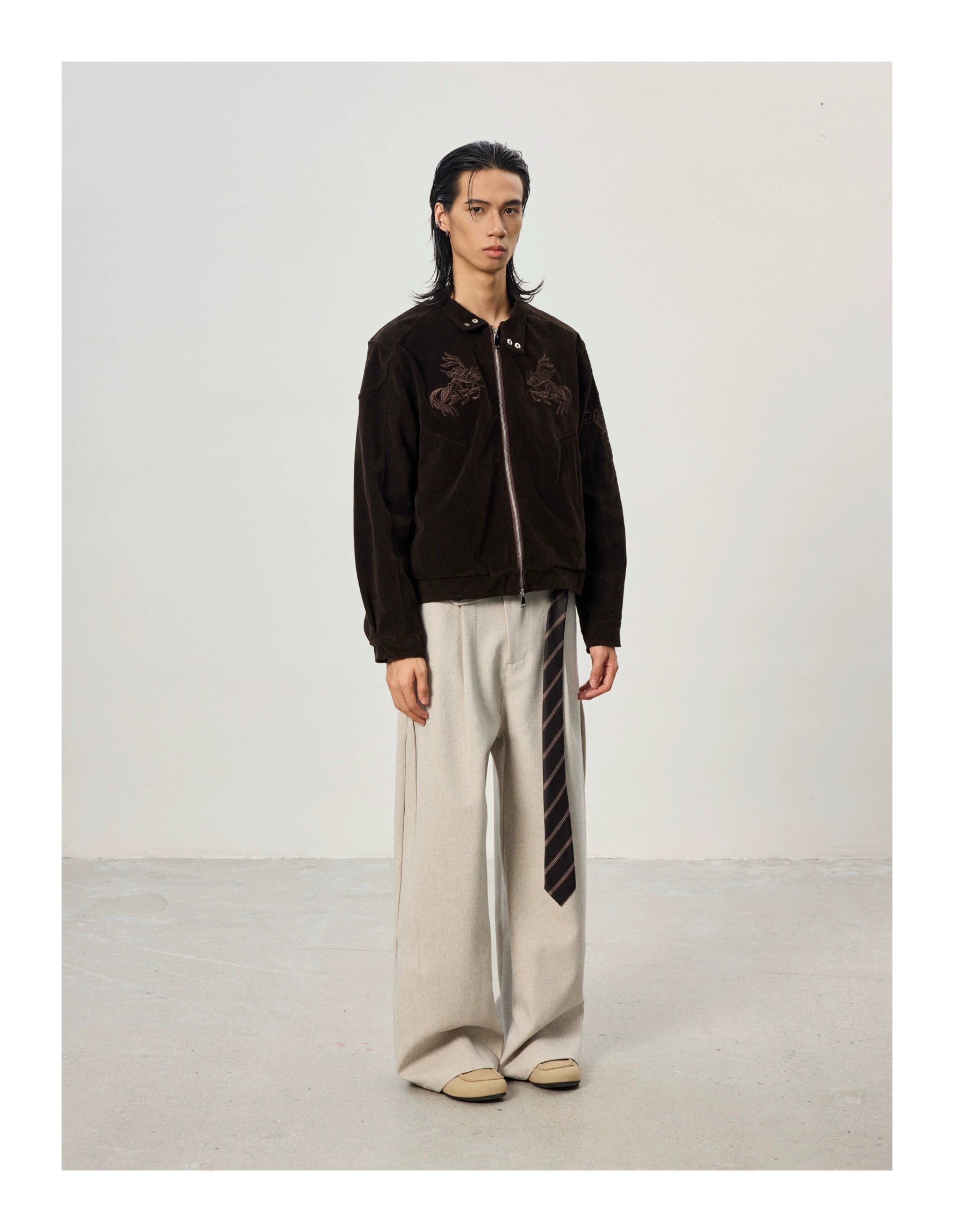 BTSG Vintage Embroidered Suede Stand-Up Jacket