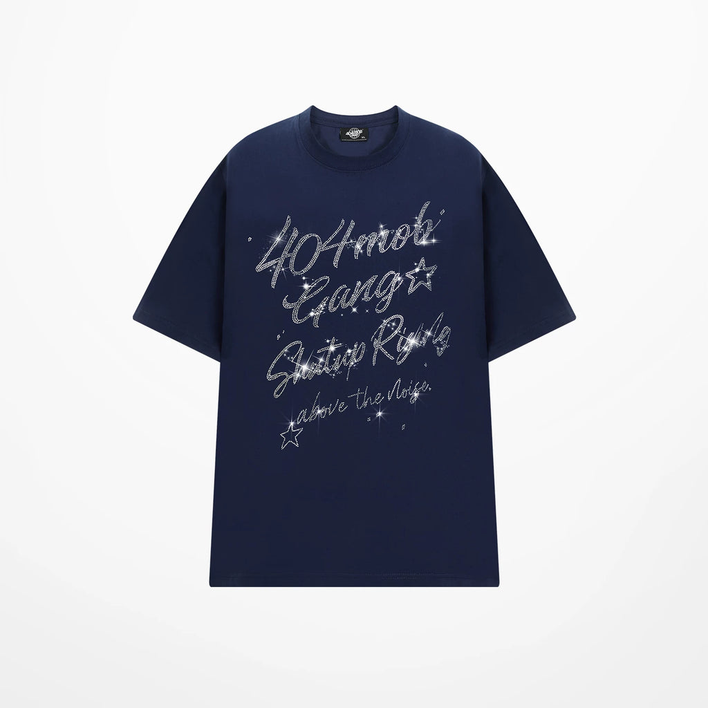 404MOB Letter Hot Diamond Round Neck Loose Tee