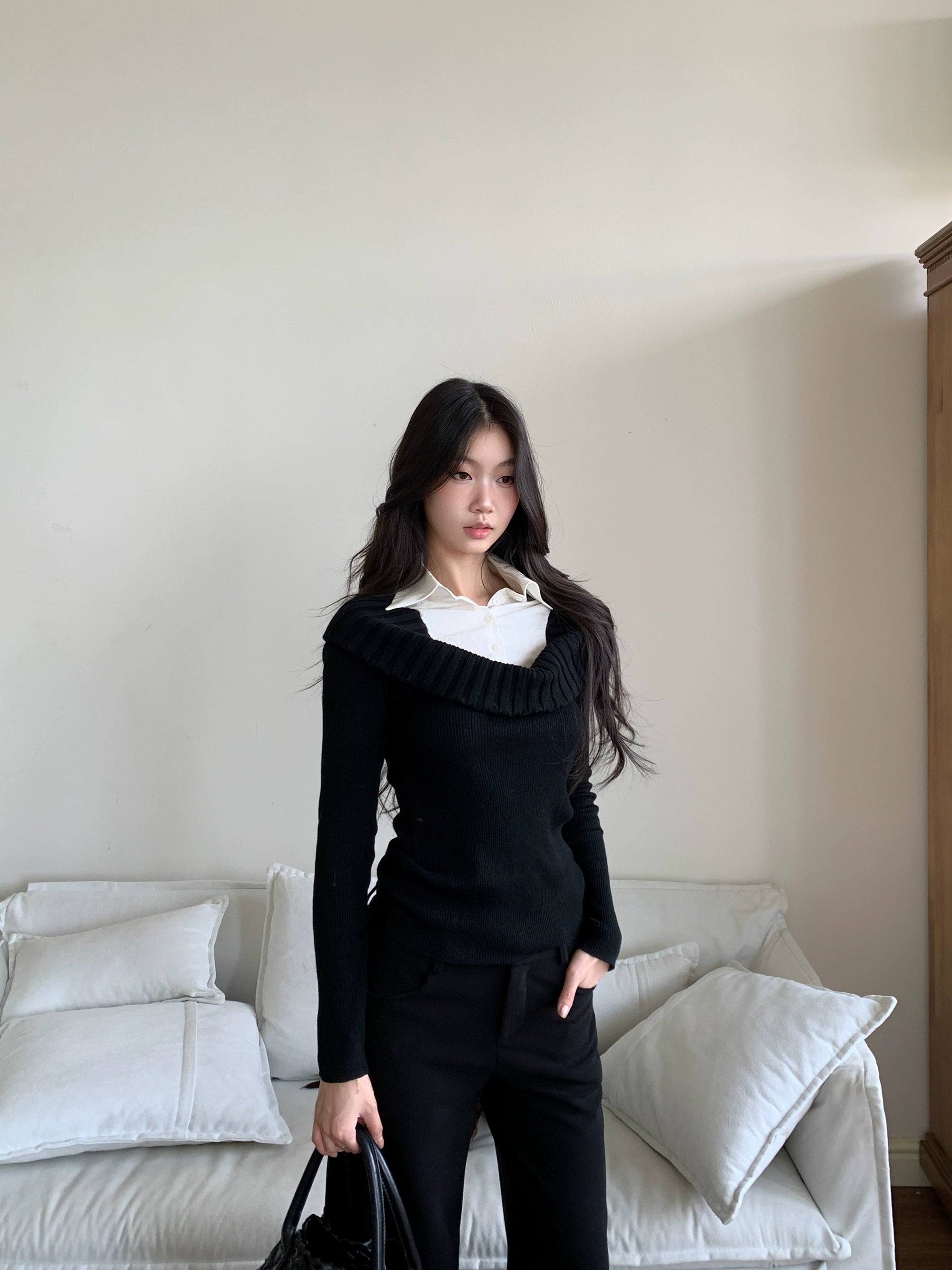 WITHMIN Slim and Thin Versatile Fake Two-piece Knitted Sweater