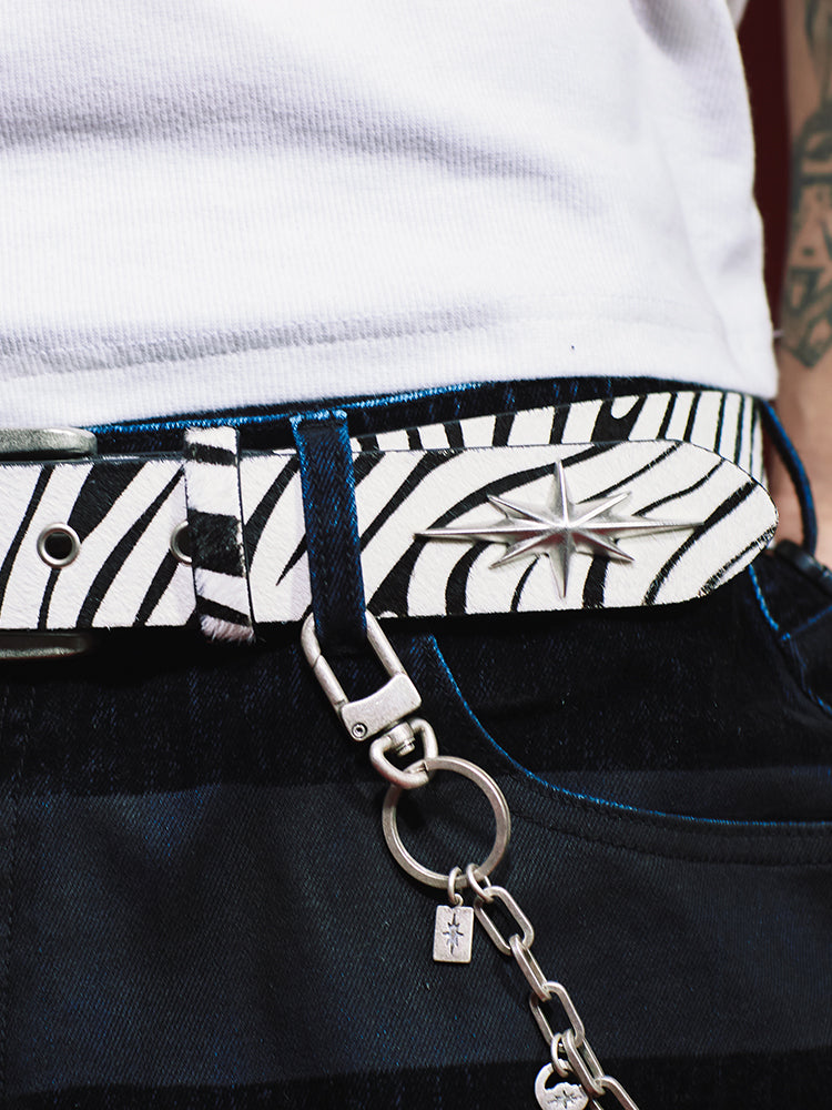 Remedy metal octagram zebra print real horse fur belt