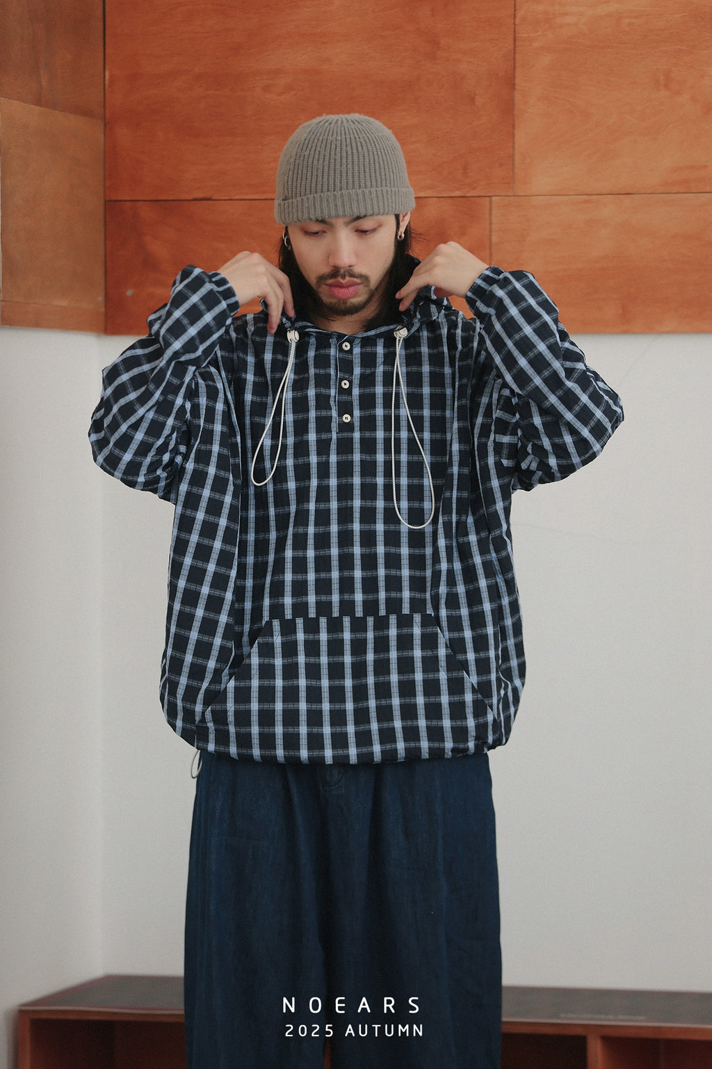 NOEARS Vintage Plaid Loose Hooded Plaid Jacket