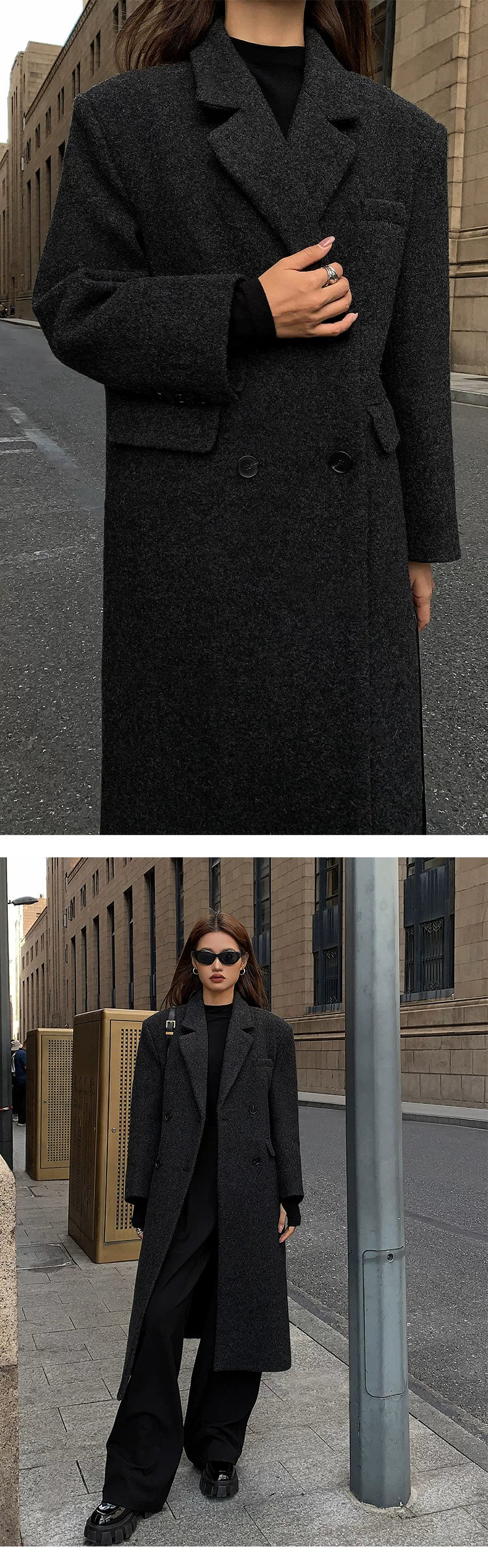 OUSPH Double-breasted Wool Woolen Coat