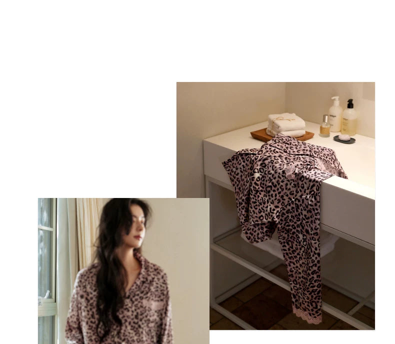 YUENEI Leopard Print Pink Silk Ice Silk Long-sleeved Trousers Pajamas