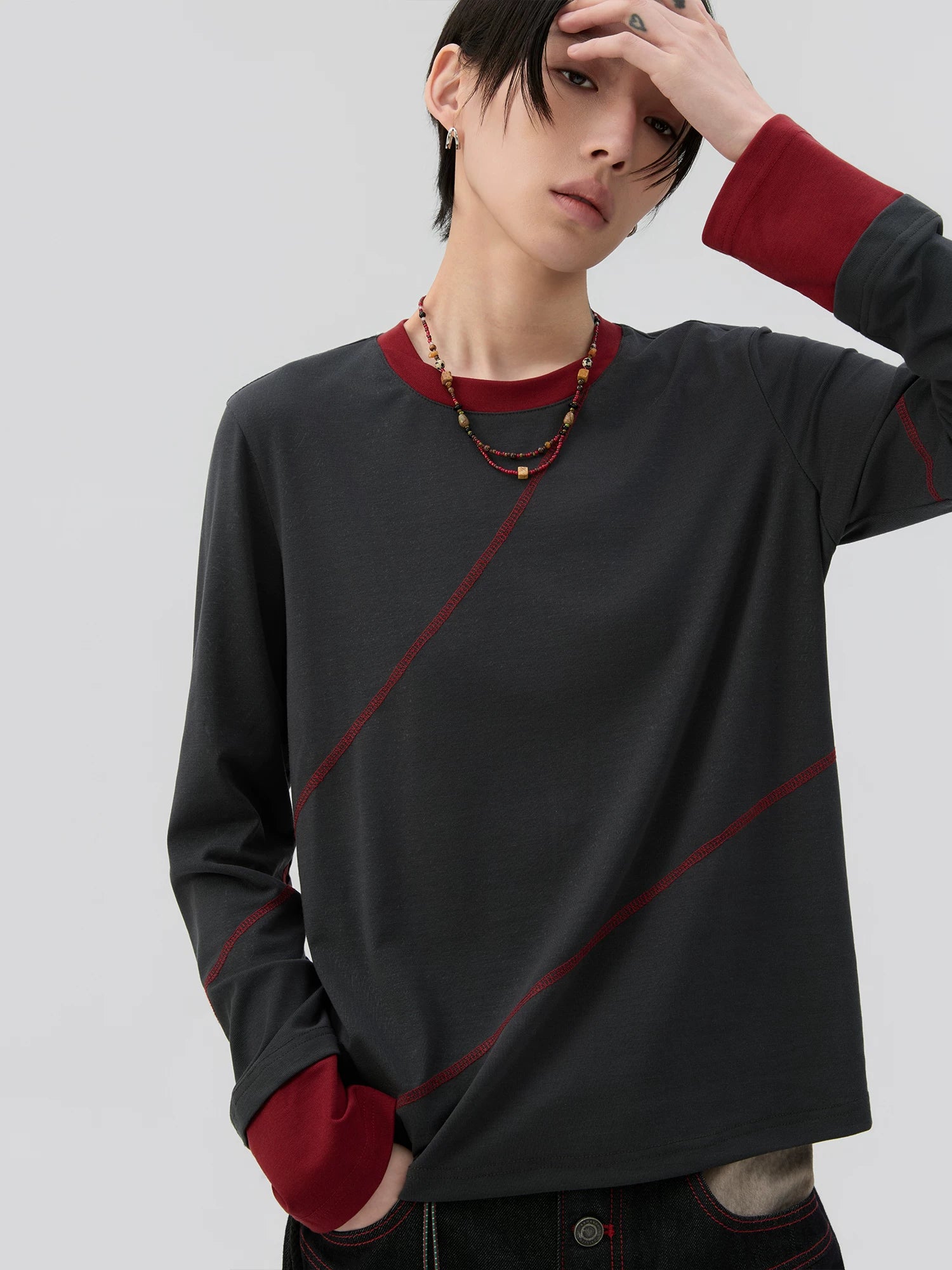 Sameuoo Fake Two Pieces Crew Neck Long Sleeve