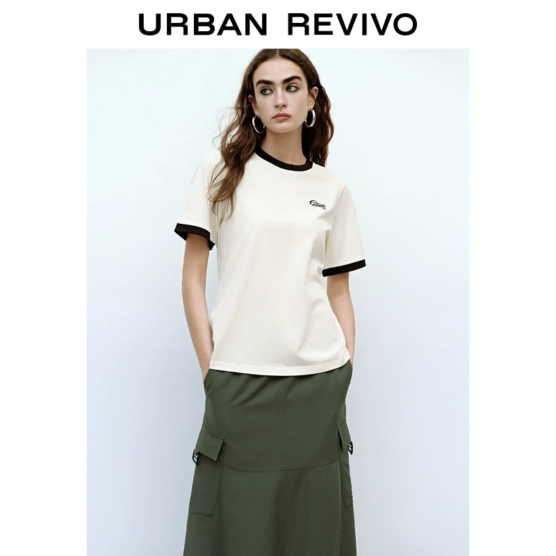 URBAN REVIVO Casual Contrasting Embroidery Cotton Tee