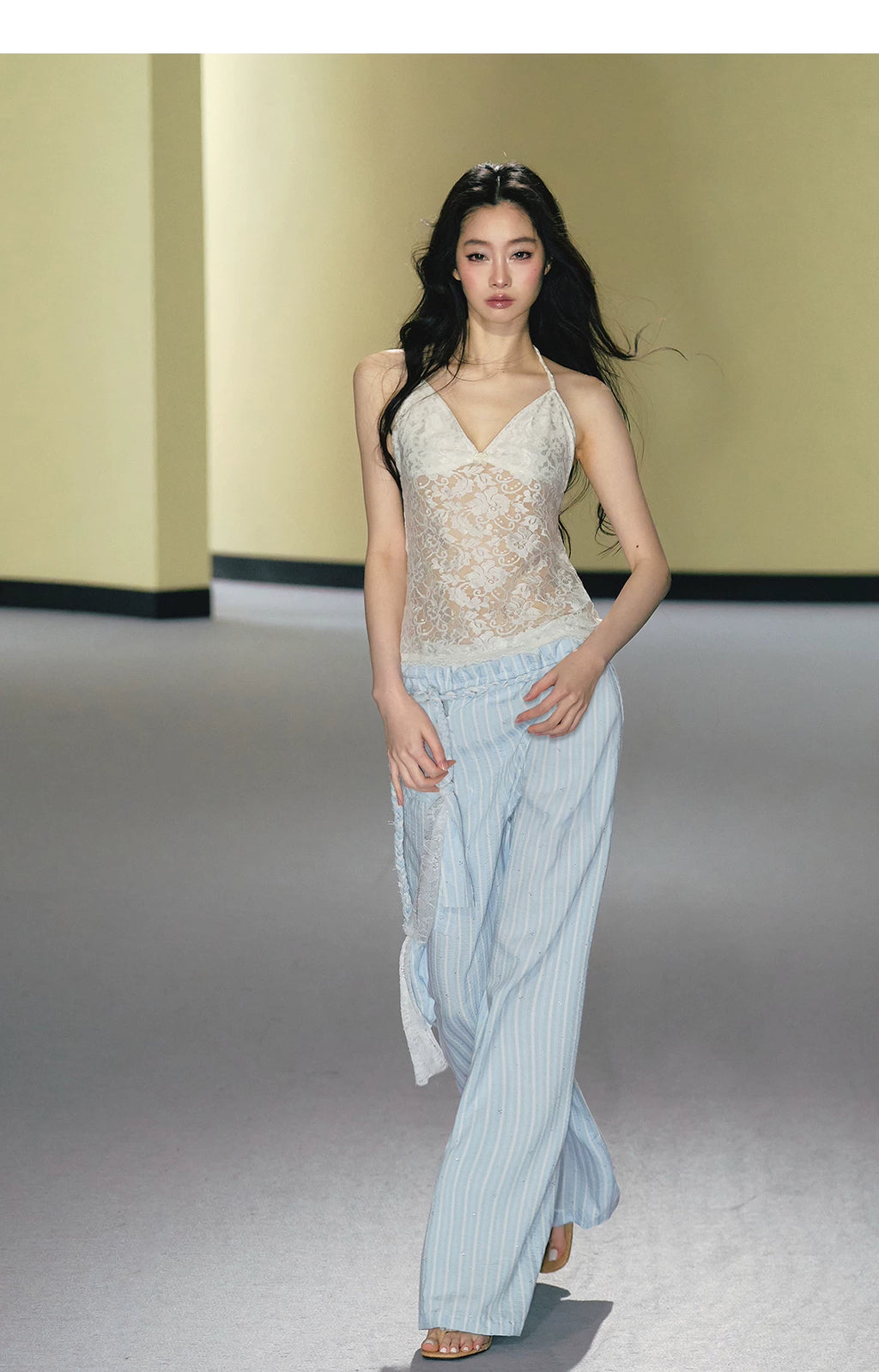 AGAM Striped Braided Drawstring Belt Slim Wide-leg Pants