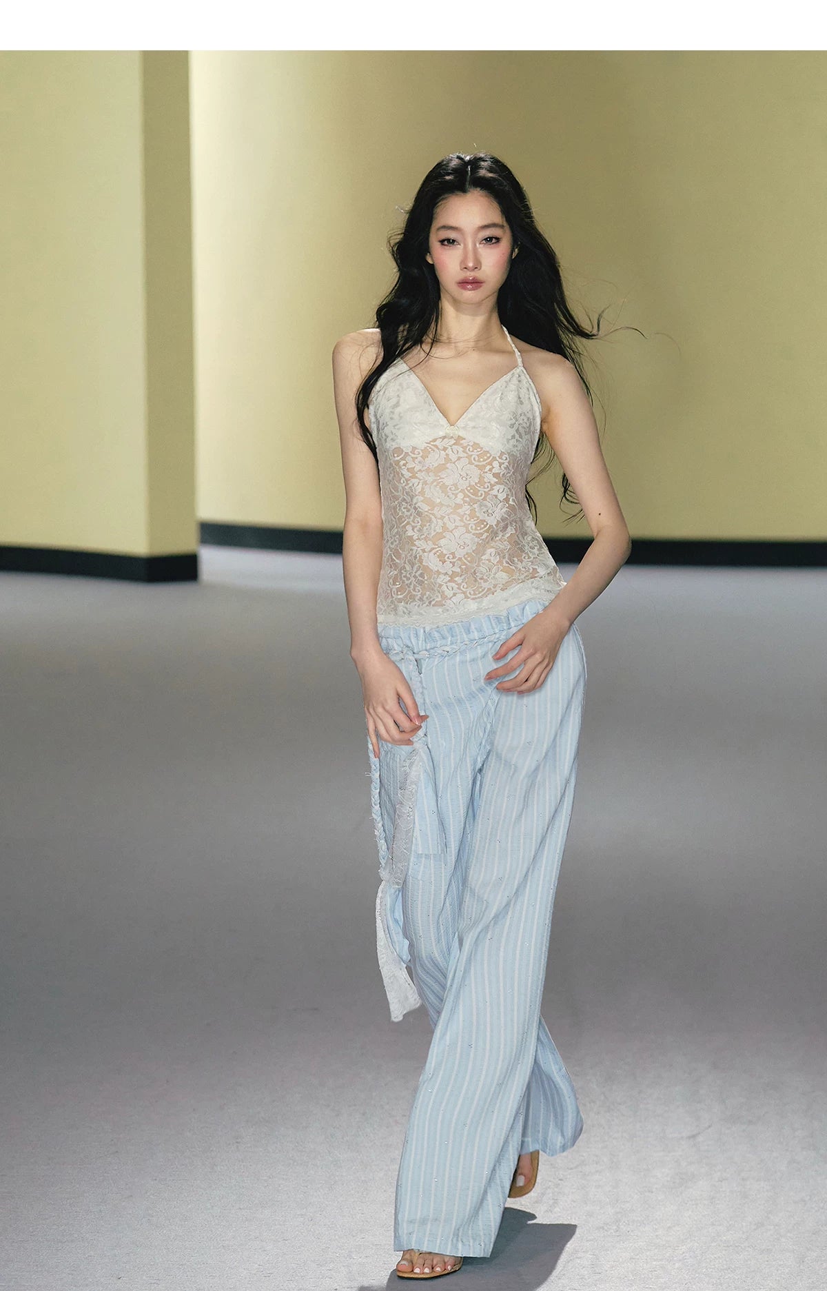 AGAM Striped Braided Drawstring Belt Slim Wide-leg Pants