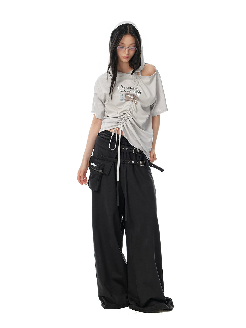 JIKOO Slanted Shoulder Hooded Loose Tee