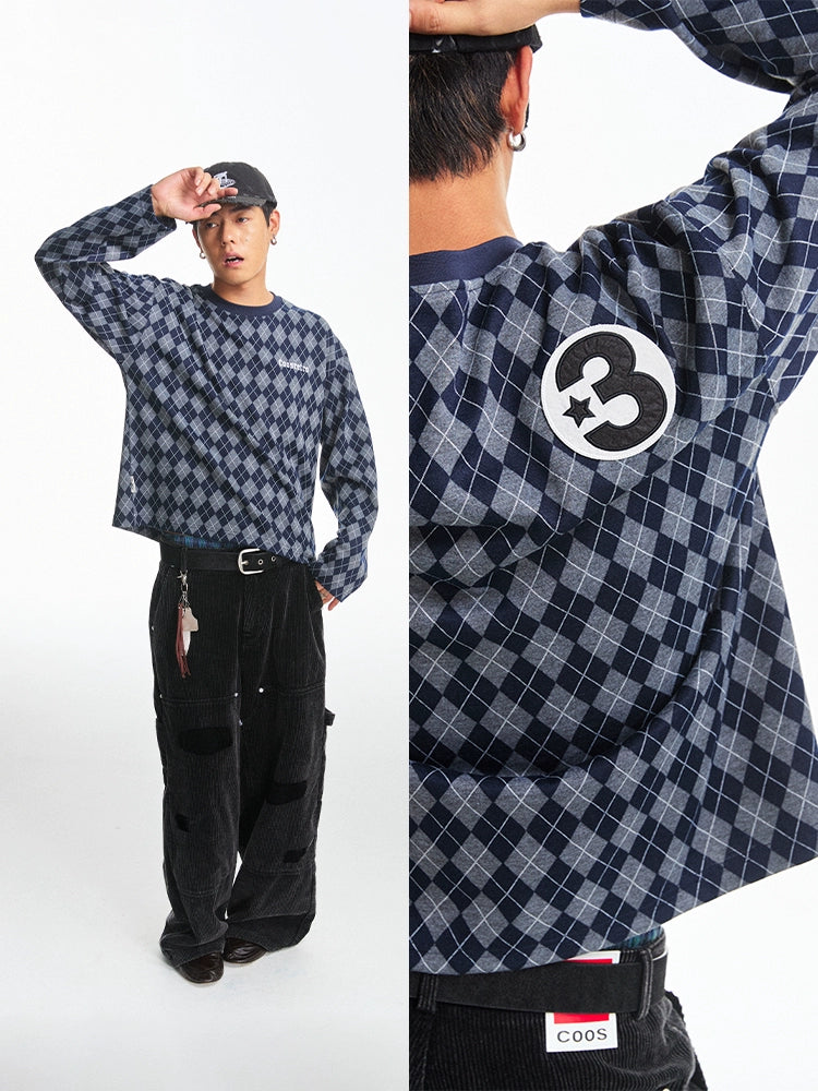 CoosRetro Vintage Rhombus Plaid Embroidery Casual Long Sleeve