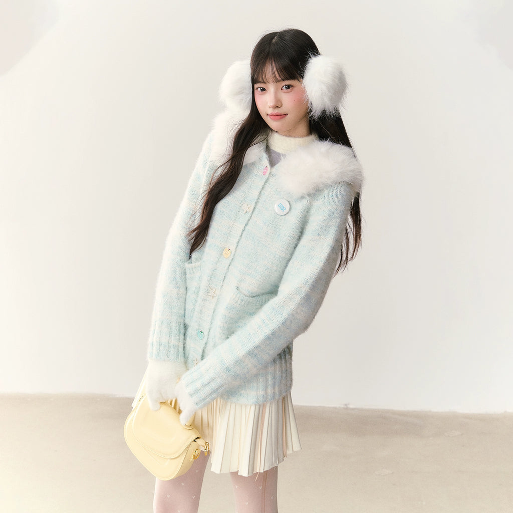 Umoumo Gradual Change Fur Collar Plush Hooded Cardigan