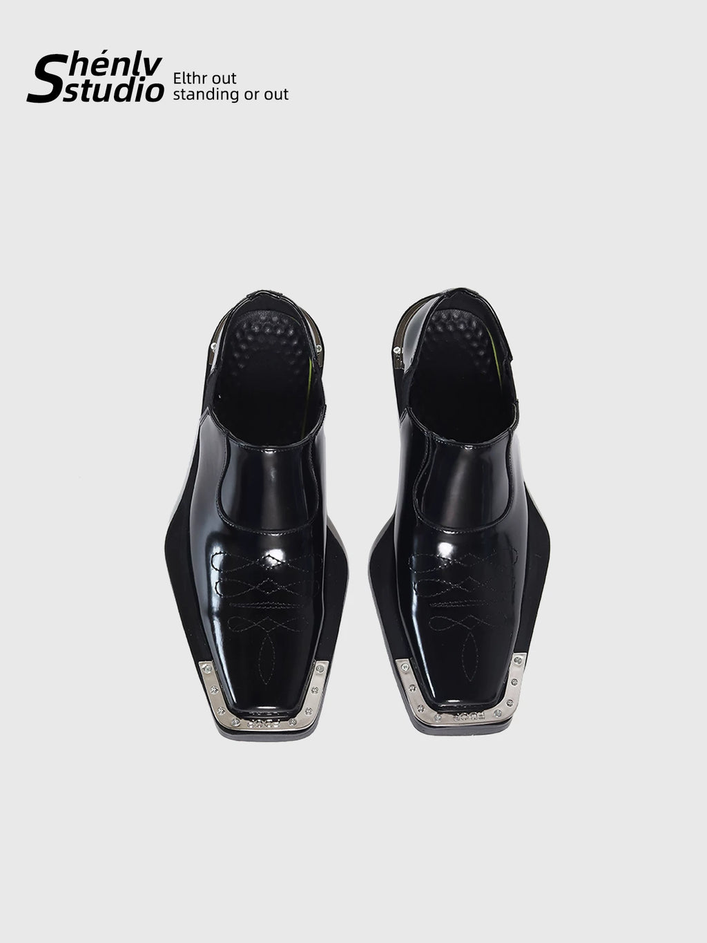 SHENLV STUDIO Square Head Embroidery One-pedal High-heeled Leather Shoes