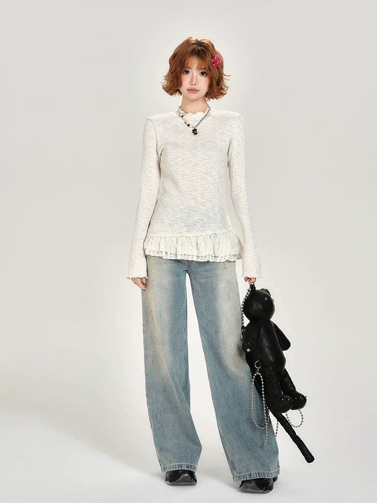 Girlyhalo Vintage Lace Paneled Crew Neck Long Sleeves