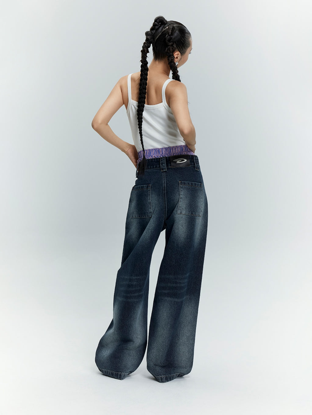 FUNKYFUN Pleated Design Trendy Washed Straight Jeans