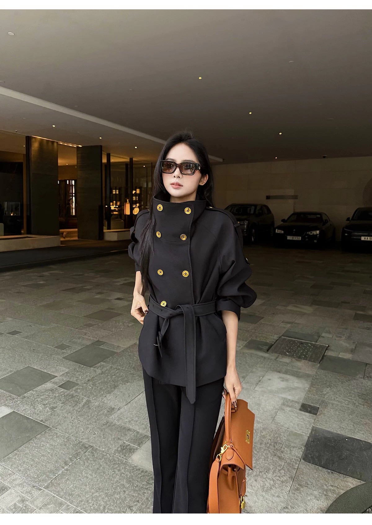 CHUYUQI Stand-up Collar Waist Double-breasted Trench Coat