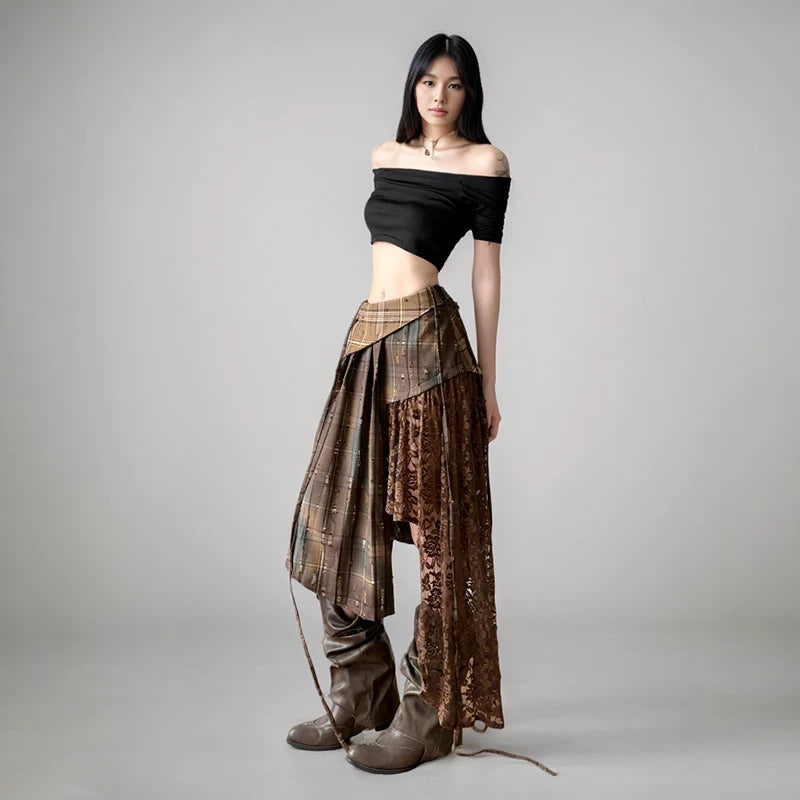 FUNOFF Vintage Irregular Lace Ribbon Checkered Skirt