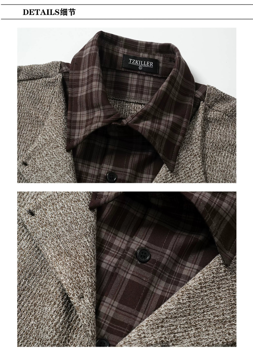 TZ Killer Stitching Double Neck Contrasting Plaid Shirt