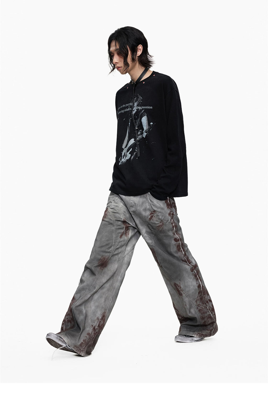 Lightinus Guitar Figure Slogan Print Riveted Long Sleeves