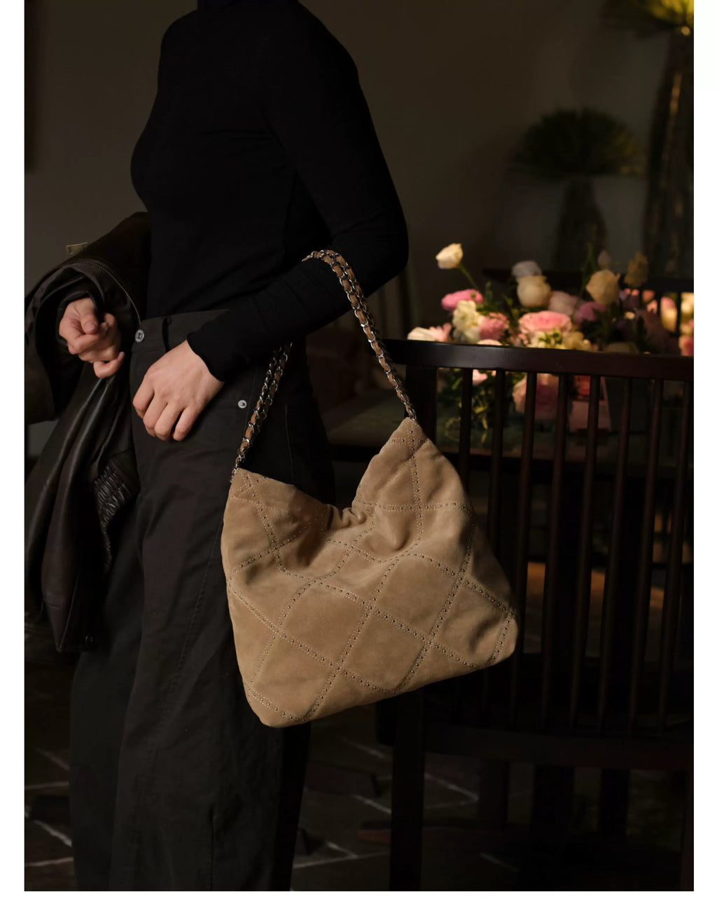 EZRO Rivet Matte Suede Shoulder Tote Bag
