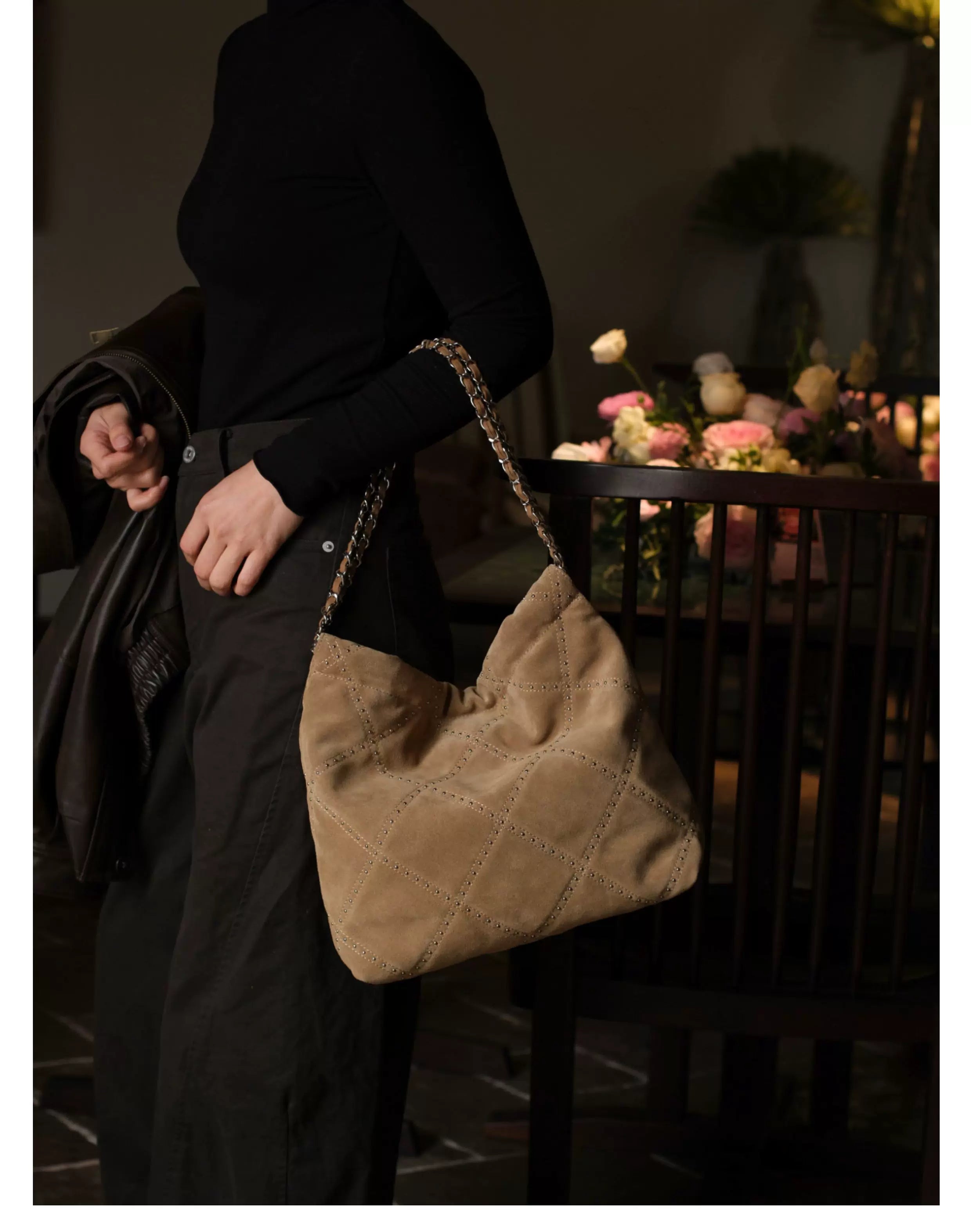 EZRO Rivet Matte Suede Shoulder Tote Bag