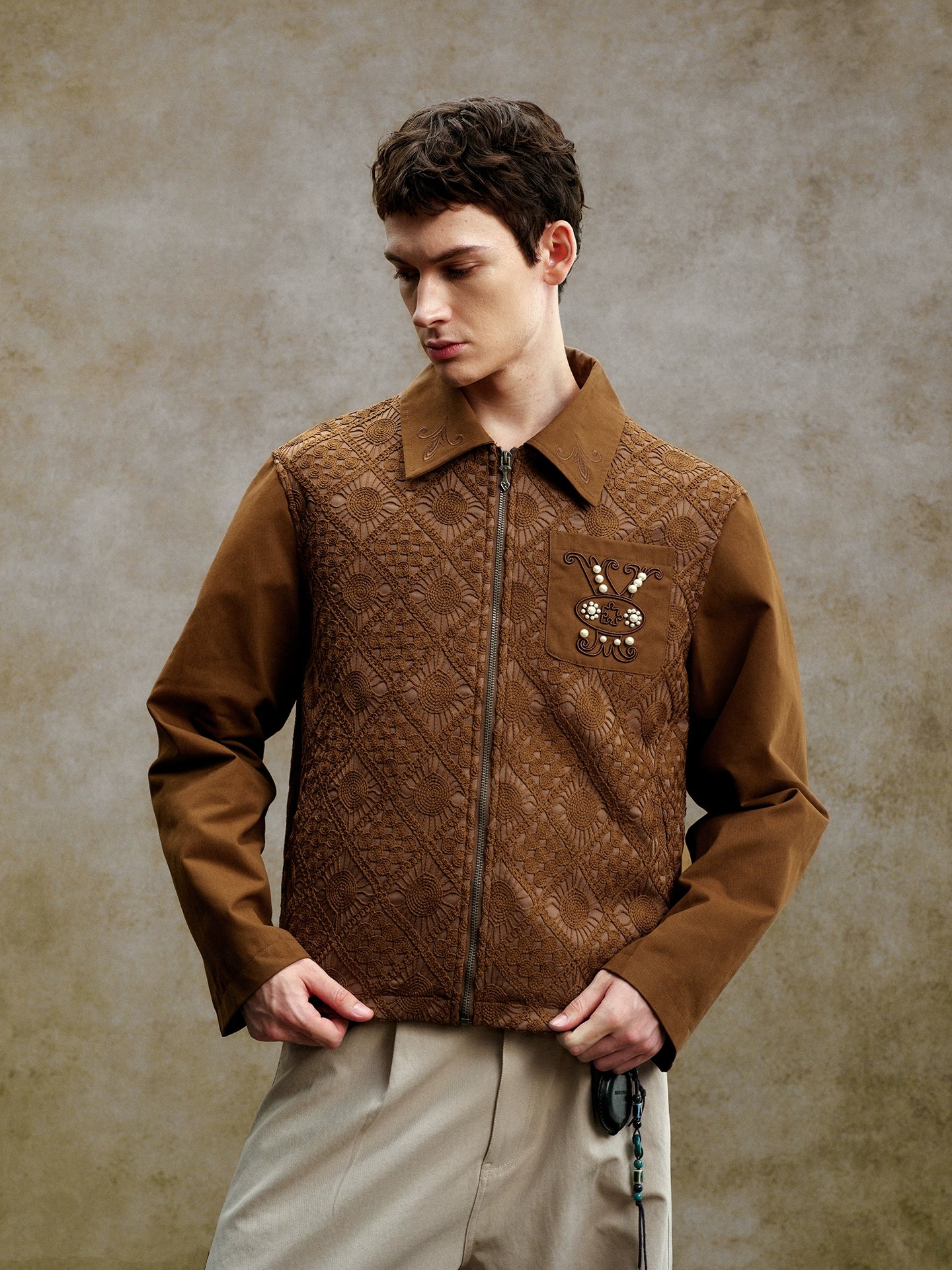 YADcrew Vintage Embroidered Zip Lace Lapel Jacket