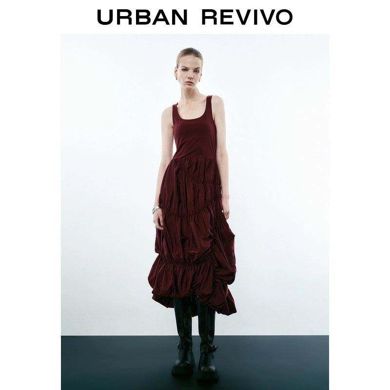 URBAN REVIVO Pleated Design Splicing Sleeveless Dress