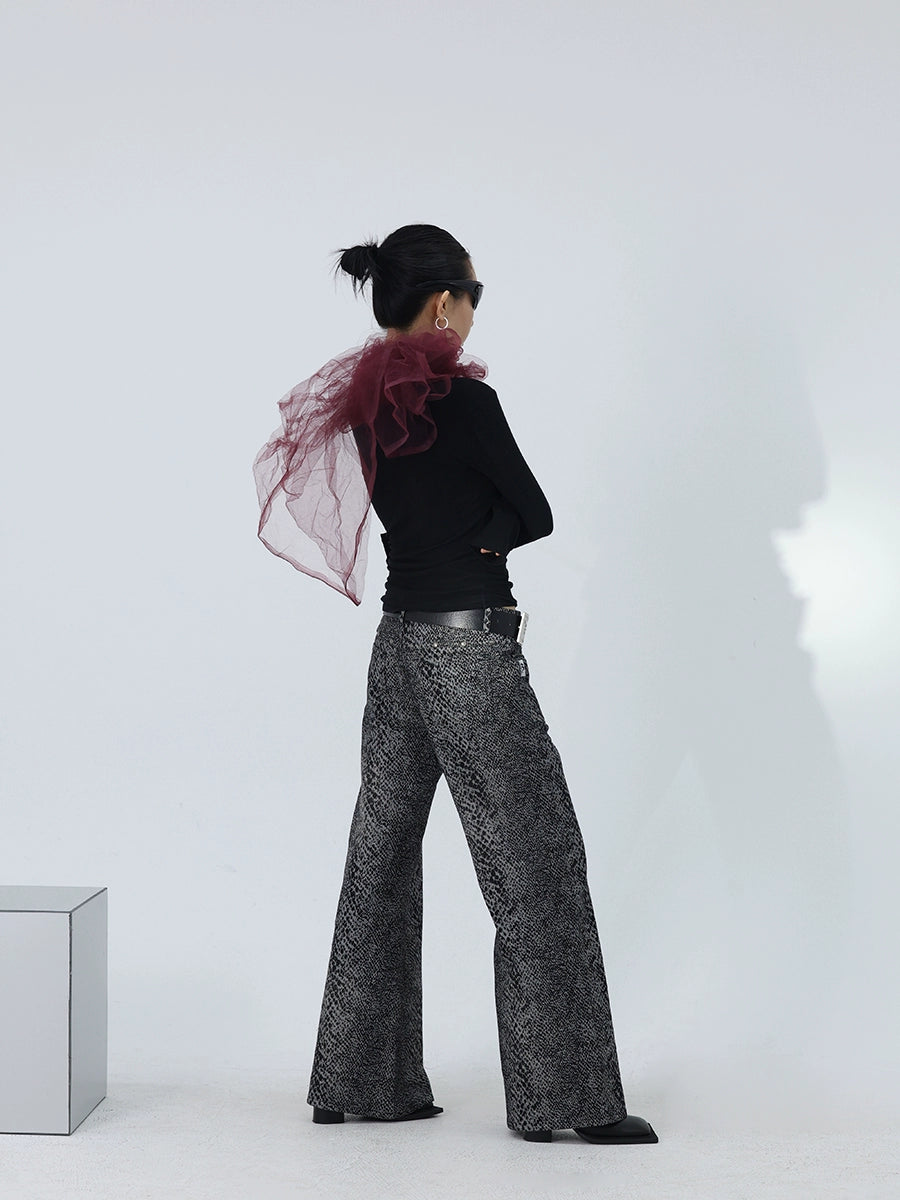 FUZZYKON Zipper Trim Straight Rivet Snake Jeans