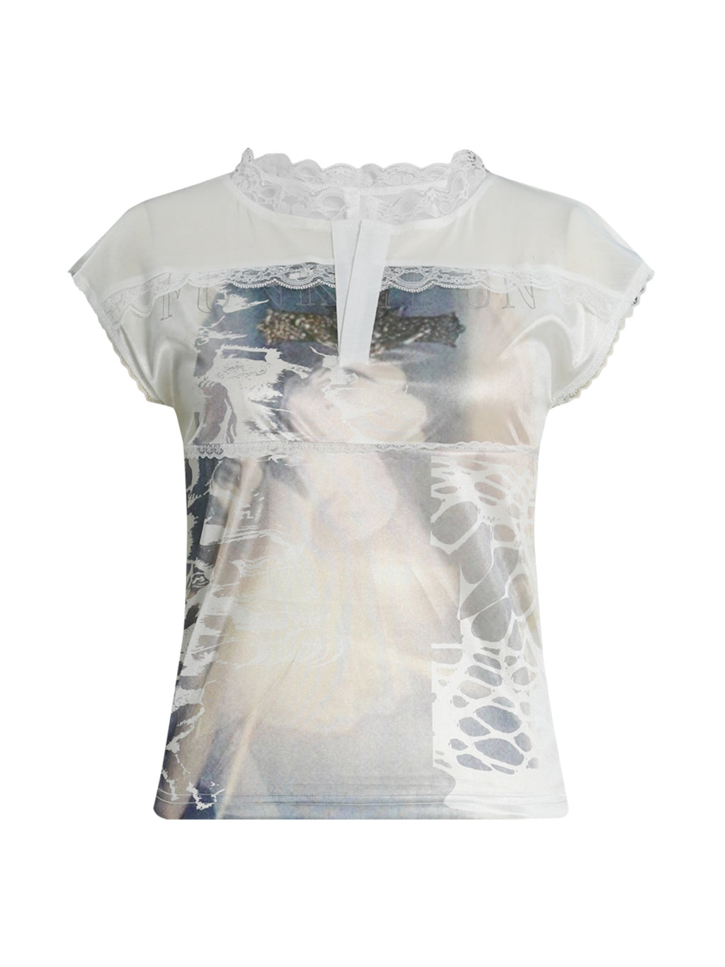 FUNKYFUN Lace Collage Full Print Small Flying Sleeve Tee