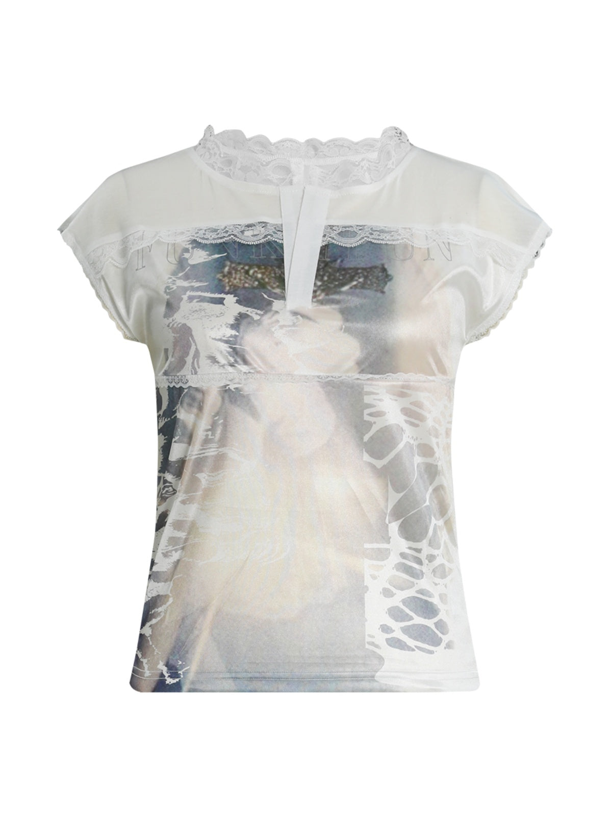 FUNKYFUN Lace Collage Full Print Small Flying Sleeve Tee
