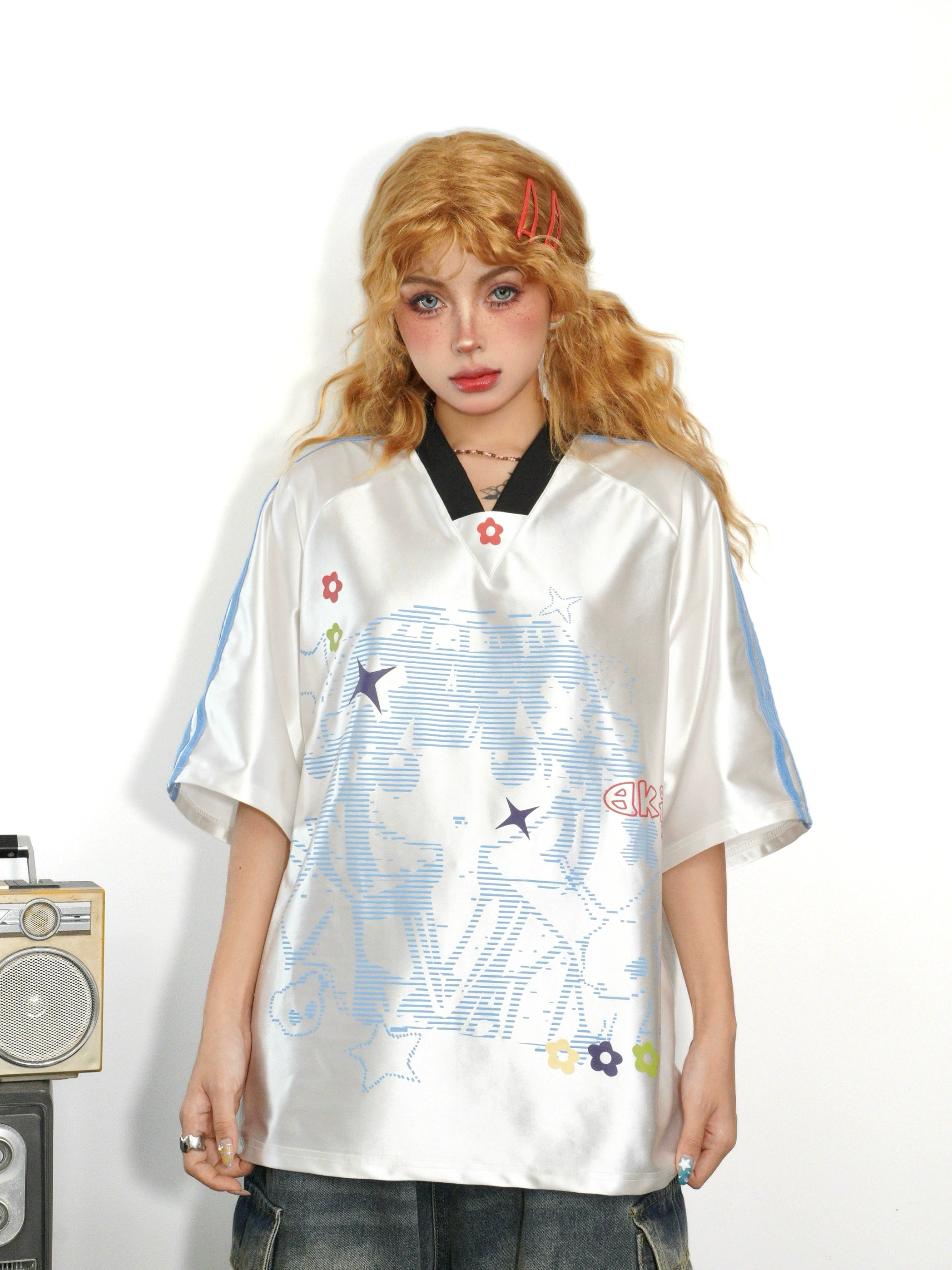 BANGU Retro Three-bar Cartoon Loose Jersey Tee