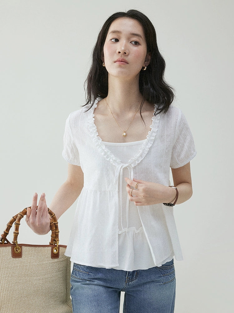 VOOE Light Fungus Lace V-neck Cardigan Two-piece Set