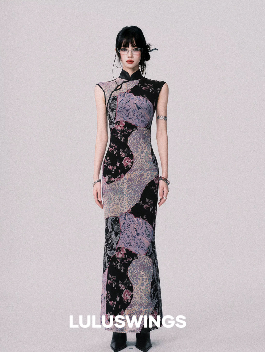 LULUSWINGS Stitching Contrasting Color Elastic Cheongsam Dress
