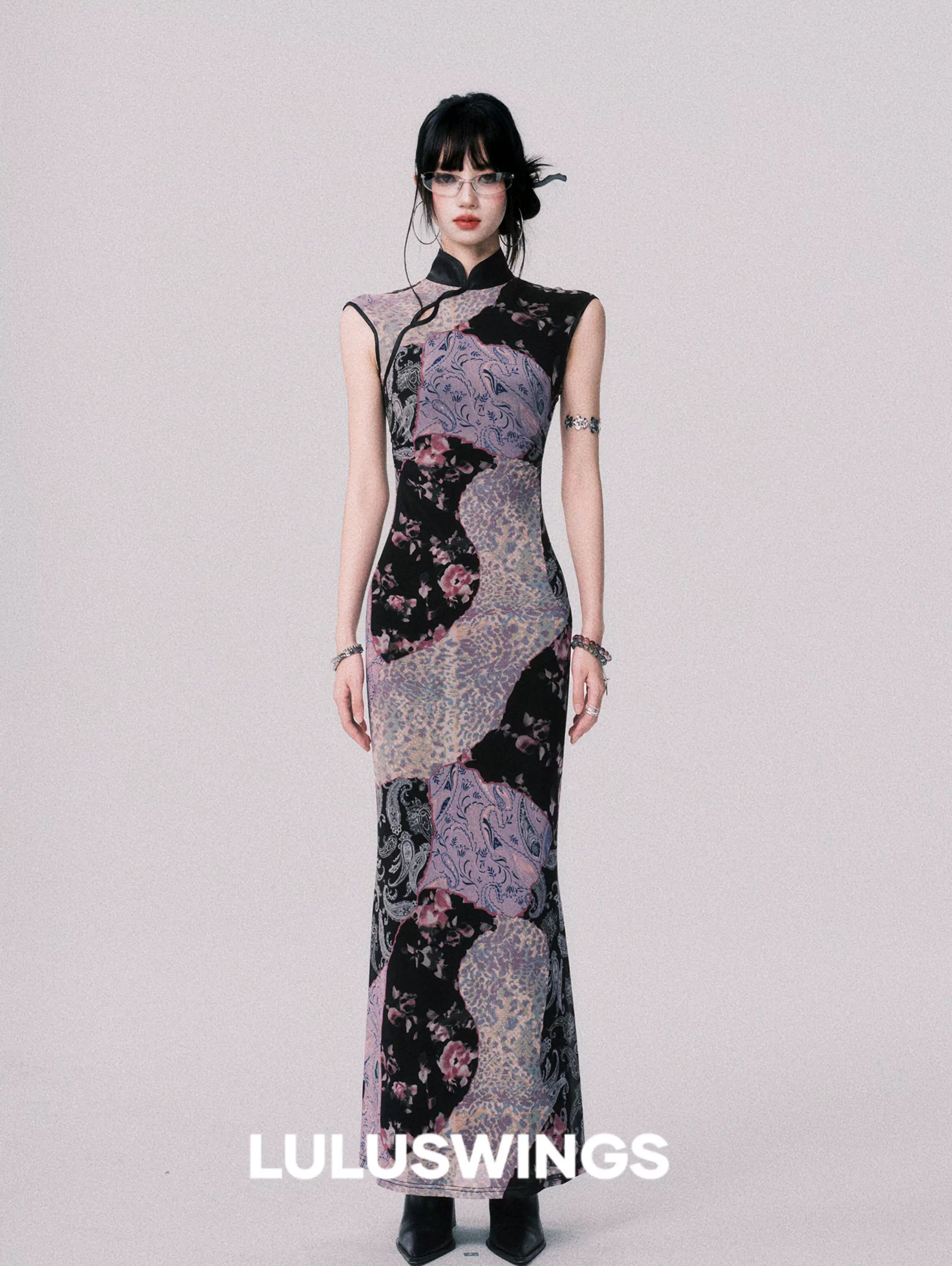 LULUSWINGS Stitching Contrasting Color Elastic Cheongsam Dress
