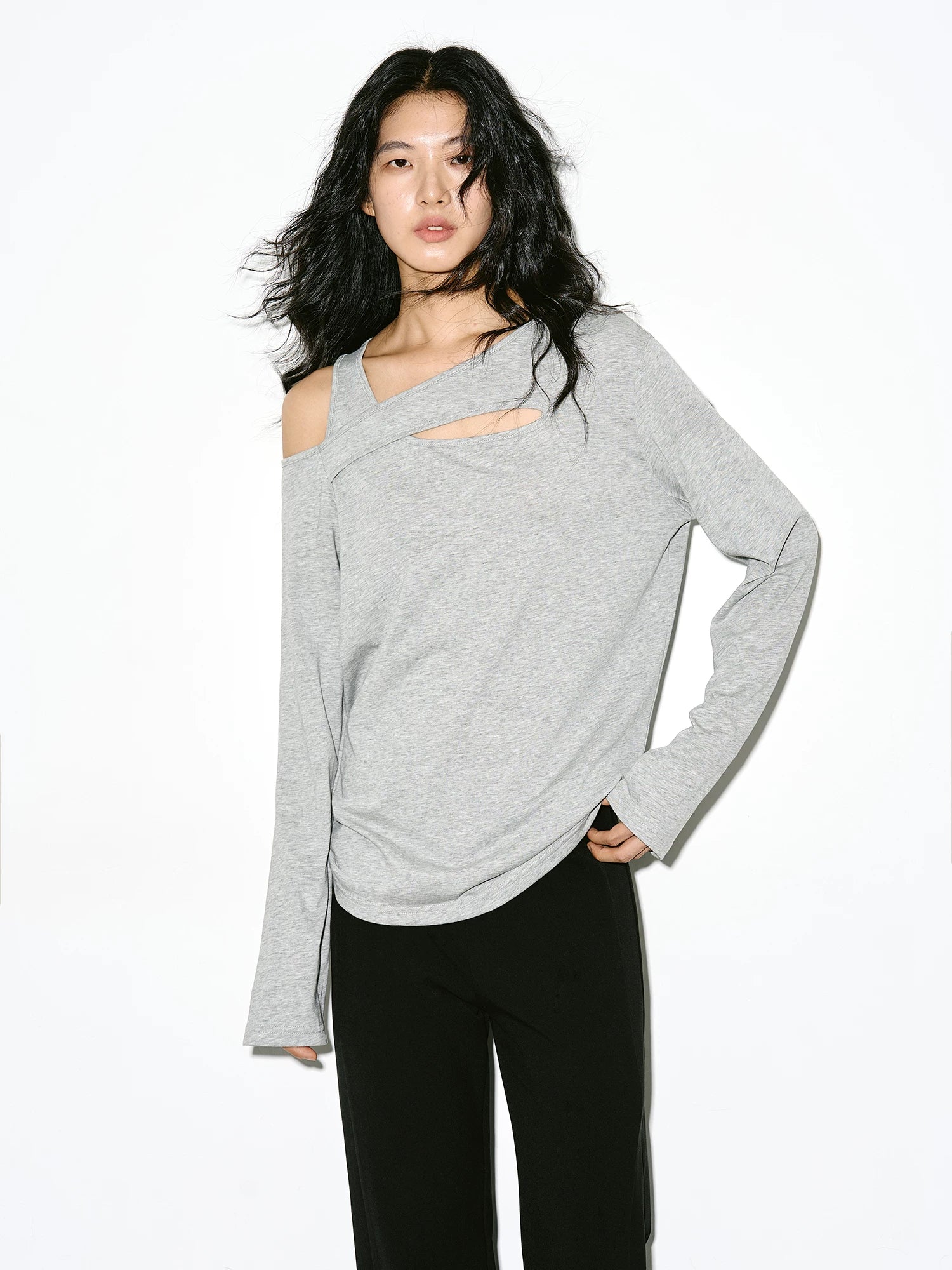EIGHTHMONTH Slash Shoulder Hollow Loose Long Sleeve