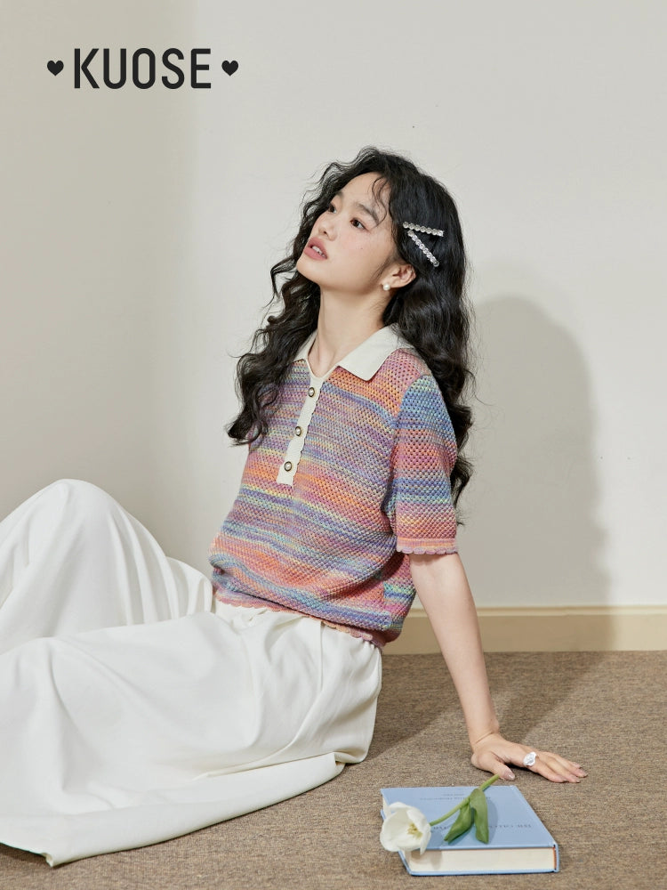 Kuose Rainbow Striped Shirt Knitted Tee