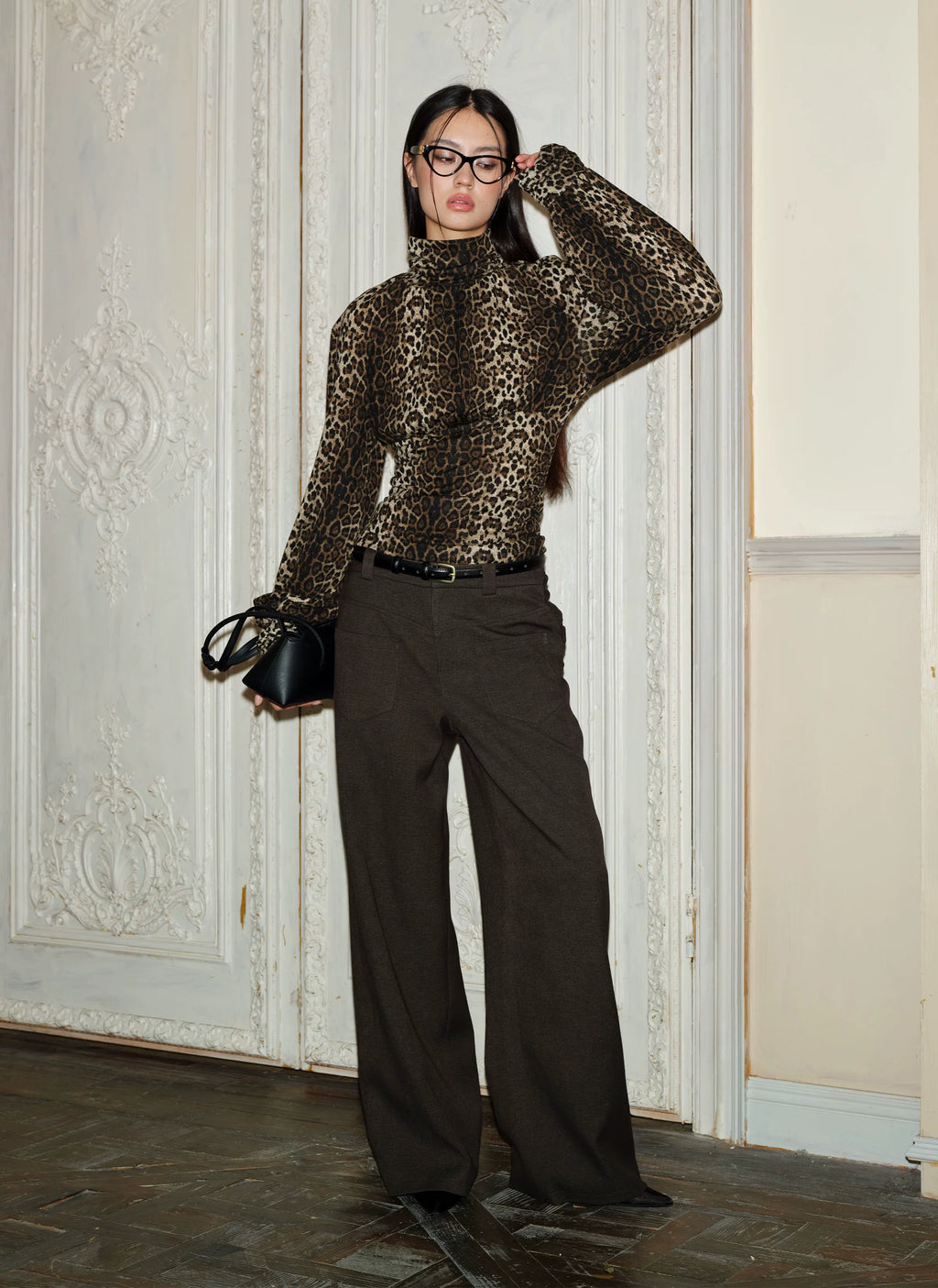 J TheChosen Leopard High Neck Pleated Waist Knitted Long Sleeves