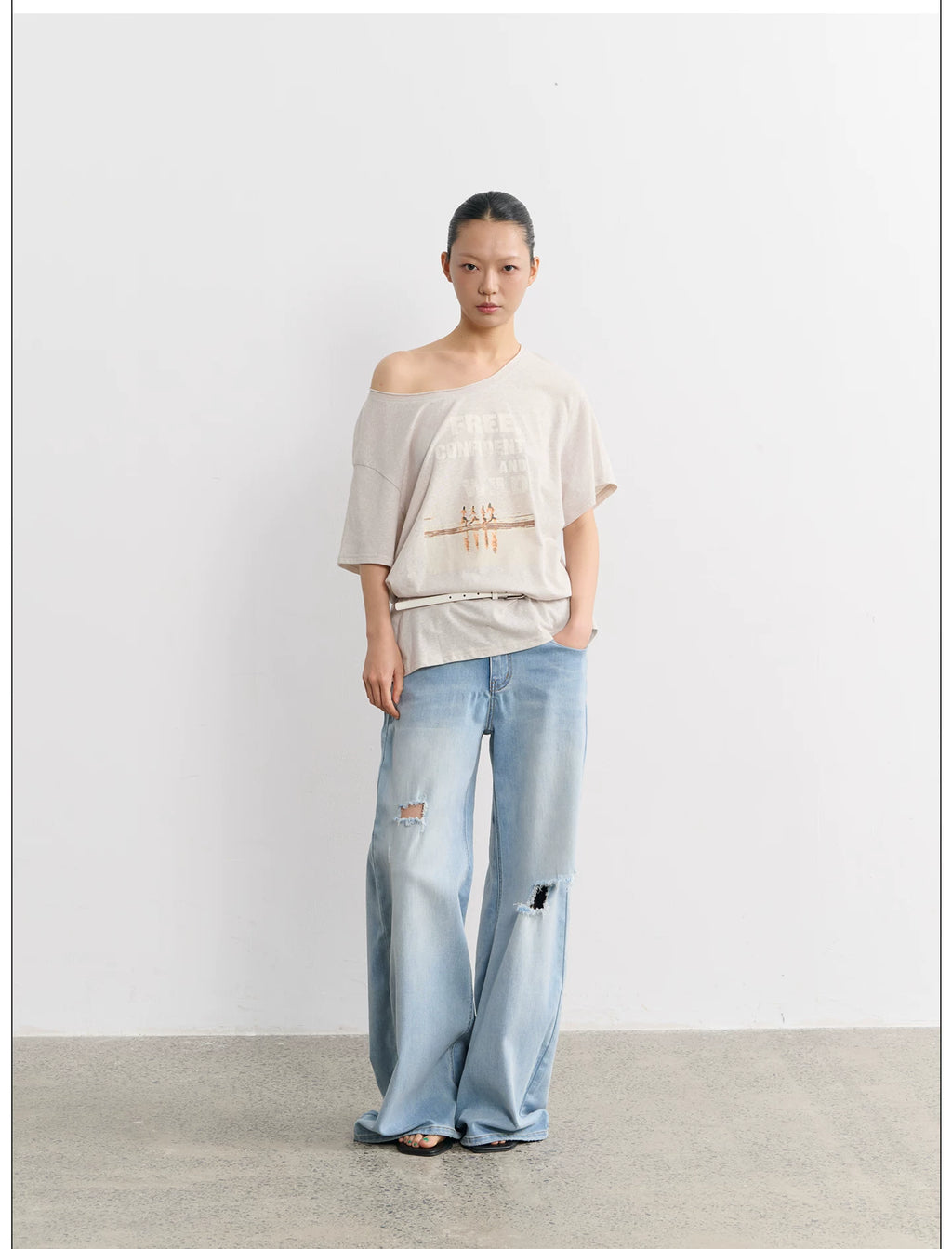 LINY LIBERTY Vintage Curled Round Neck Loose Tee
