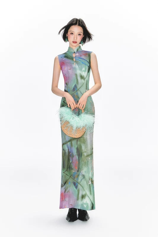 YEDM Hollow Cheongsam Print Dress