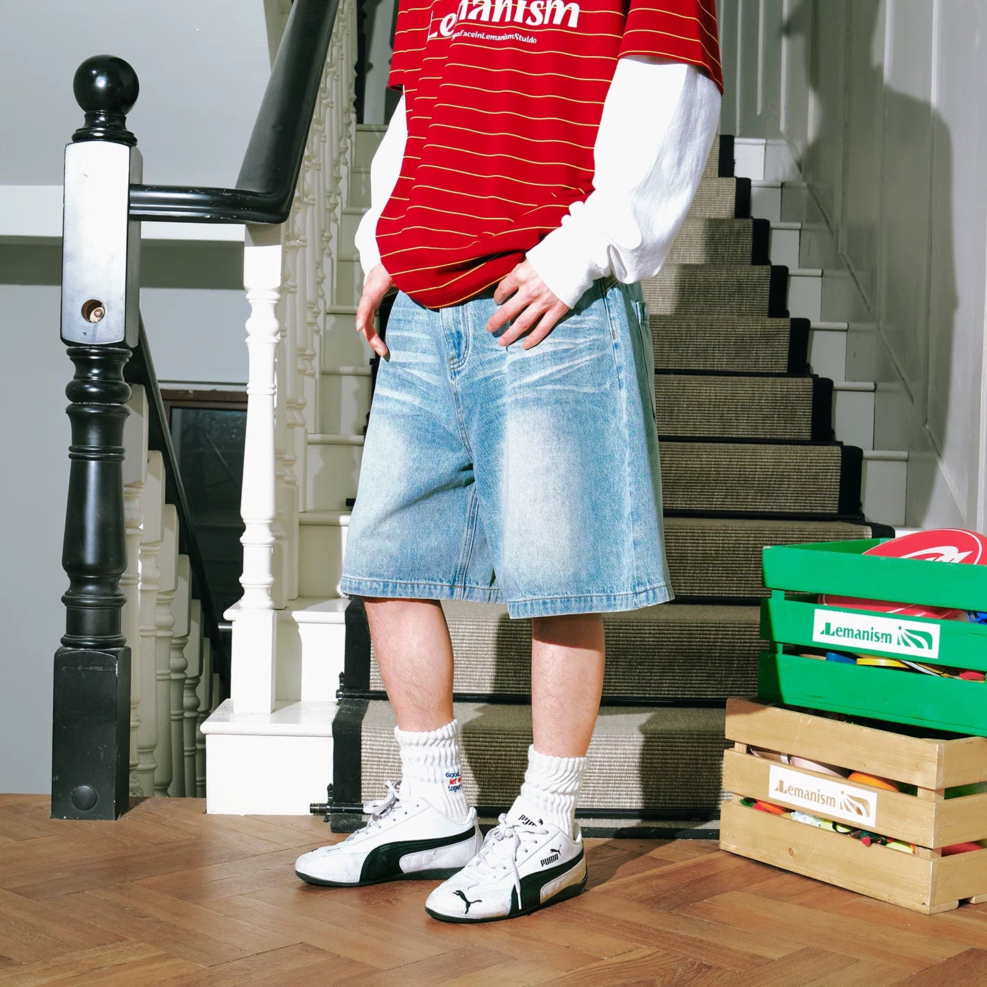 Lemanism Retro Gradual Change Denim Shorts