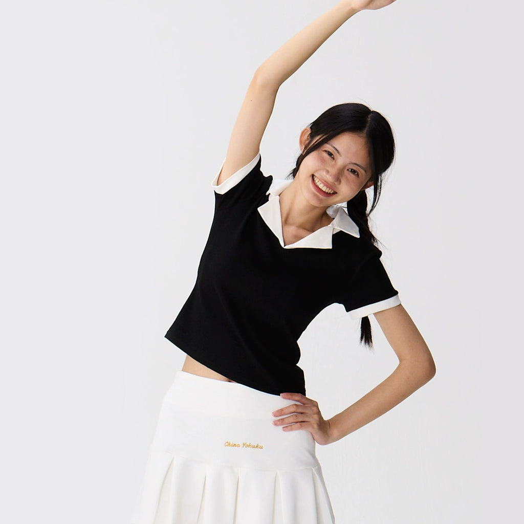 OWOX V-neck Slim and Thin Front Shoulder Contrasting Lapel Tee