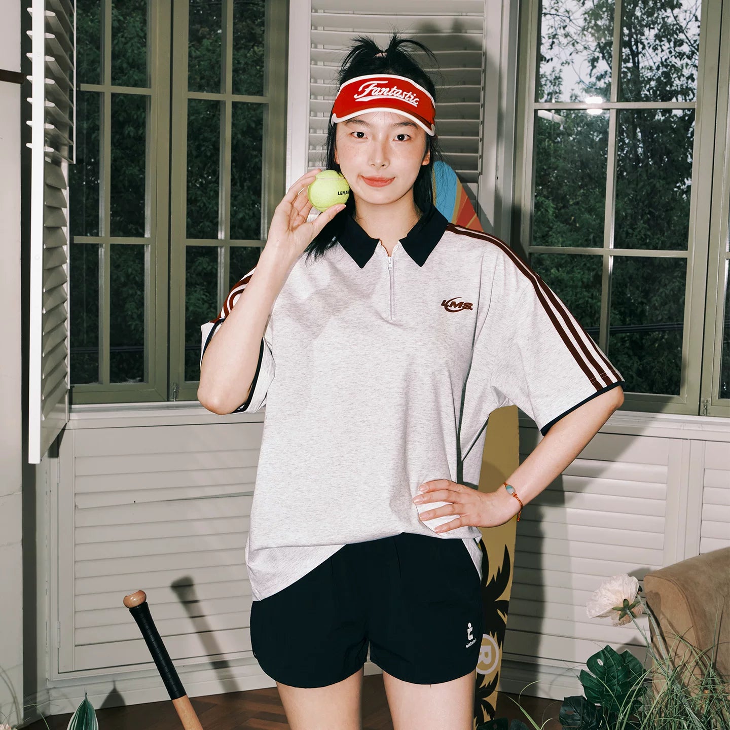 Lemanism Contrasting Sports POLO Collar Loose Tee